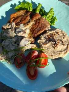 Pork with mushroom sauce and buckwheat puree